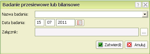 Badania bilansowe i przesiewowe Okno Badania bilansowe i przesiewowe umożliwia edycję listy badań przesiewowych i bilansowych pacjenta. Aby dodać do listy przeprowadzone badanie naciśnij.
