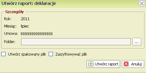 W okienku raporty klikamy zakładkę "Deklaracje" Wybieramy za jaki okres ma być wykonany raport deklaracji należy skorzystać ze szczegółów: Wybieramy za jaki Rok, Miesiąc oraz na jakiej Umowie ma być
