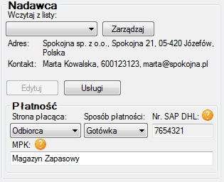 6.3.2 Sekcja Nadawca Sekcja ta umożliwia ustawienie danych nadawcy przesyłki. W tym celu należy wczytać jedną z Predefinicji Nadawcy za pomocą rozwijanej listy.