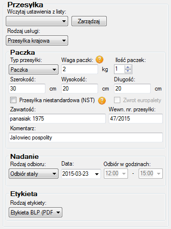 6.3.4 Sekcja Przesyłka Sekcja umożliwia określenie parametrów danej przesyłki.