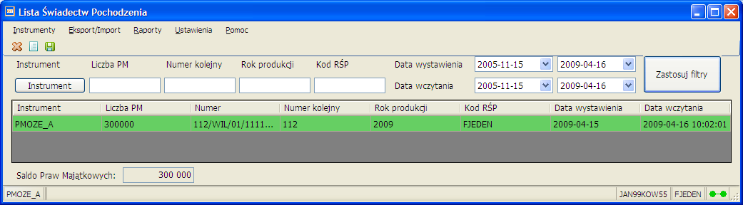 Otworzy się okno Lista świadectw pochodzenia ze świadectwami pochodzenia w wybranym instrumencie