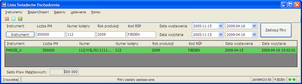 W powyższym oknie możesz również zobaczyć świadectwa pochodzenia w innych instrumentach.