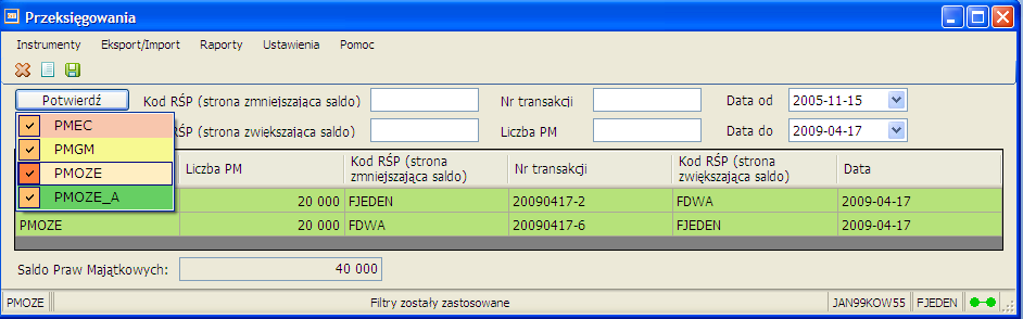 Wpisując w pola filtrów: - Kod RŚP (strona zmniejszająca saldo) kod RŚP Członka Rejestru z którego konta są przeksięgowywane prawa majątkowe - Kod RŚP (strona zwiększająca saldo) kod RŚP Członka