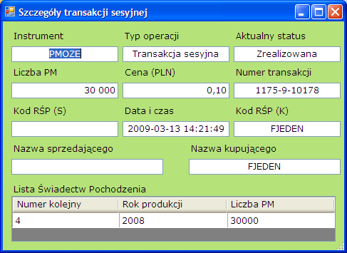 Klikając lewym przyciskiem myszy na wierszu z transakcją otworzy się okno Szczegóły transakcji sesyjnej.