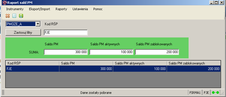 Tabela pokazuje salda PM członków rejestru w wybranym instrumencie (w tym wypadku PMOZE_A).