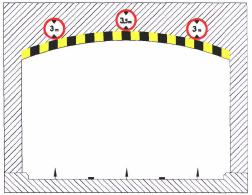 Znak B-16 i zastosowanie znaku B-16 na łukowym sklepieniu tunelu Na znaku podaje się liczbę o 0,50 m mniejszą od wysokości obiektu nad jezdnią.