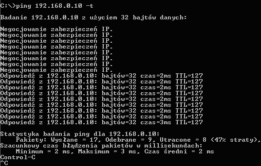 Dla standardowego tunelu IPSec zmieni się status na Aktywna polityka IPSec oraz zapali się zielone światełko przy polu VPN. Aby obudzić tunel należy zainicjować dowolny ruch w kierunku routera.