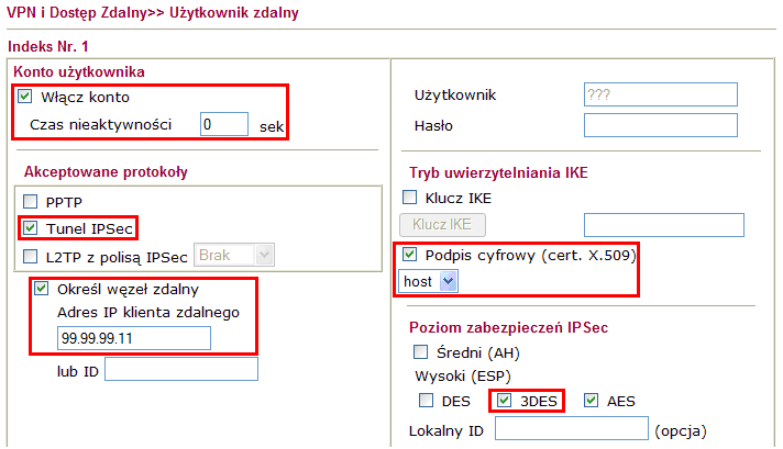 1.5. Identyfikator IPSec Przejdź do zakładki VPN i Dostęp Zdalny>>Identyfikatory IPSec. Stwórz odpowiedni profil (w przykładzie użyto profilu nr 1).