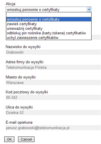 Rysunek 24 Wybranie w formatce konta BPTP akcji związanej z certyfikatami Wykonanie akcji na koncie można śledzić w Wyświetl moje żądania.