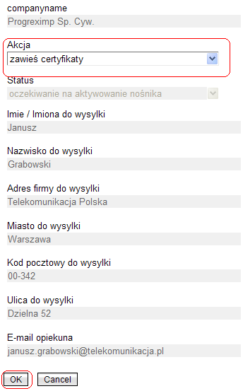 Rysunek 27 Wybranie i zatwierdzenie w formatce konta BPTP akcji "zawieś certyfikaty" 3.2.2 Zawieszenie certyfikatów partnera przez opiekuna Opiekun może w imieniu partnera zawiesić certyfikaty.