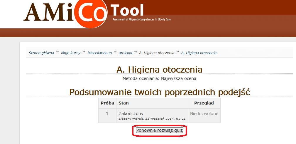 Możemy bezpośrednio przejść do wypełniania następnego quizu klikając napis przejdź do następnego testu, klikając tutaj" lub wrócić do strony z listą quizów klikając w napis strony głównej testu".