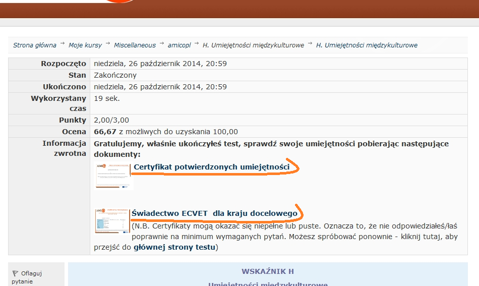 5 Zakończenie rozwiązywania testu Rozwiązując po kolei wszystkie quizy dochodzimy do ostatniego, najkrótszego pt. Umiejętności międzykulturowe.