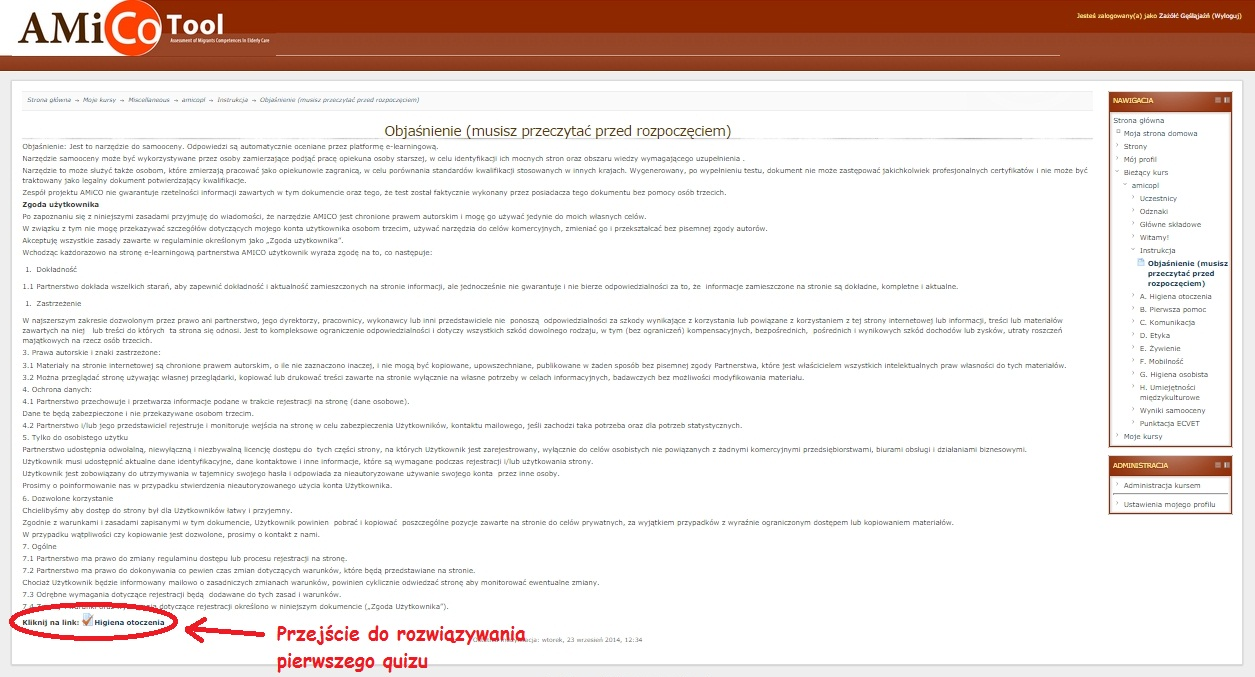 3.3 Objaśnienie, które trzeba przeczytać przed rozpoczęciem Ilustracja 10: Strona z objaśnieniami - Objaśnienie (musisz przeczytać przed rozpoczęciem).