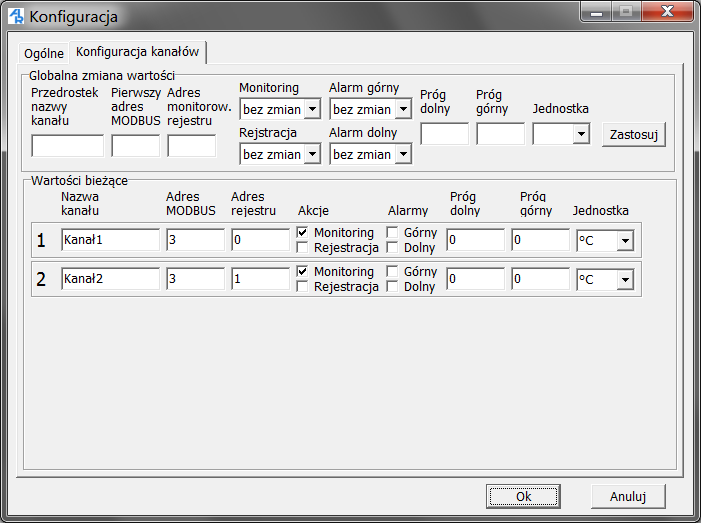 Zakładka Konfiguracja kanałów: Globalna zmiana wartości: panel służy do szybkiej konfiguracji wielu kanałów przypisanych do urządzeń o podobnej konfiguracji.