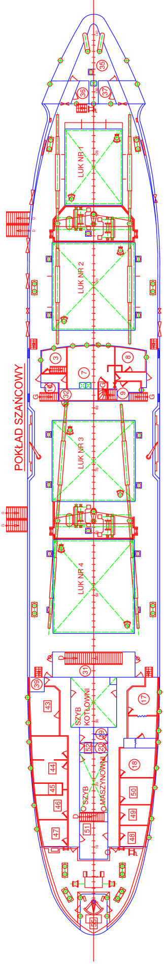 3 Dyżurka wachtowego (Kabina radio - oficera) 7 Świetlica (Świetlica) 8 Kabina dwóch wachtowych (Kabina stewarda) 9 Pentra (Biuro) 10 WC (WC) 17 Kabina mechanika (Kabina pierwszego mechanika) 18