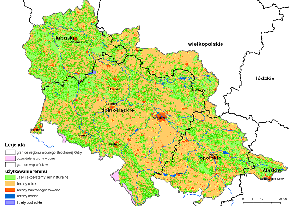 Opis obszaru planowania 3.4 Użytkowanie terenu, obszary chronione, zaludnienie, infrastruktura i gospodarka Użytkowanie terenu Obszar regionu wodnego Środkowej Odry użytkowany jest głównie rolniczo.