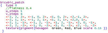 [(opt.)] } Parametry u_steps i v_steps przyjmują wartości całkowite, które określają ile wierszy i kolumn trójkątów zostanie minimalne użytych do utworzenia zdefiniowanej powierzchni.