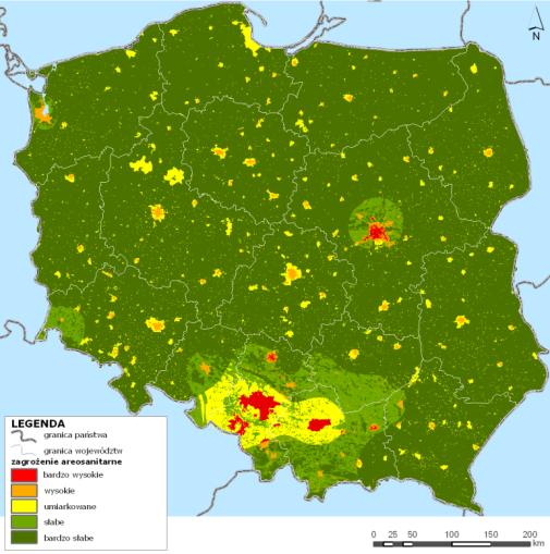 Rys 6 Zróżnicowanie przestrzenne obszarów zagrożenia sanitarnego powietrza w Polsce (zmienne: gęstość zaludnienia, pokrycie terenu, tło meteorologiczne). Rys.