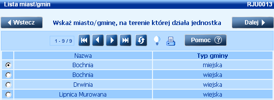 Po wybraniu przycisku Dalej otworzy się okno "Lista powiatów", w którym wskazujemy powiat, na terenie którego działa jednostka.