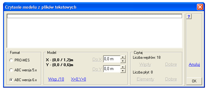 Modelowanie płyt Po zaakceptowaniu zawartości drugiego pliku pokaŝe się pole Model, w którym będą wyświetlone informacje o minimalnych i maksymalnych wartościach współrzędnych X i Y. Przyciskiem Wsp.