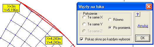 Modelowanie płyt Po przesunięciu węzłów pojawi się podręczne menu, z którego będzie moŝna wybrać opcję cofającą ostatnie ustawienia węzłów, opcję pozwalającą wybrać nowy łuk i opcję Zakończ, która