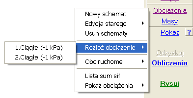 ABC wersja 6.2 Opcja RozłóŜ obciąŝenia pokaŝe się tylko wtedy, kiedy w którymś schemacie zadano obciąŝenia ciągłe. Pozwala ona na wybranie takiego schematu i rozłoŝeniu go szereg schematów zmiennych.