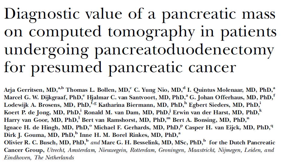 Surgery 2015 Analizowano (dwóch doświadczonych radiologów+konsylium)kt 344 chorych operowanych z powodu podejrzenia PDAC w KT 79% rozpoznań w pierwszym KT i 93% po konsylium radiologów potwierdzono