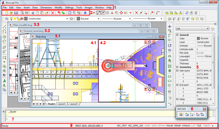 Okno aplikacji Bricscad 1. Menu główne 2. Pasek narzędzi (zadokowany) 3. Okna rysunków 4. Rzutnie 5. Pasek właściwości 6. Pasek narzędzi (pływający) 7. Pasek poleceń 8.