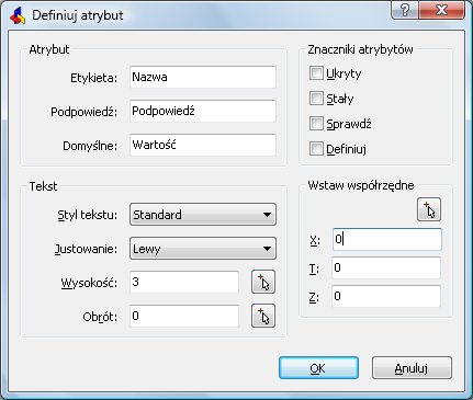 Wypełni pole Etykieta wpisując: NAZWA_PRZEDMIOTU Wypełnij pole Podpowiedź wpisując: Podaj nazwę przedmiotu Wypełnij pole Domyślne wpisując: Reduktor Kliknij przycisk Wstaw współrzędne Okno dialogowe