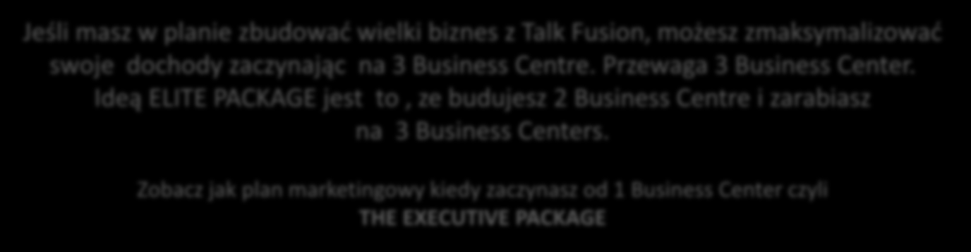 Zobacz jak plan marketingowy kiedy zaczynasz od 1 Business Center czyli THE EXECUTIVE PACKAGE ZOBACZMY JAKI DOCHÓD GENERUJE JEDEN BUSINESS CENTRE PRZYKŁAD 20 aktywnych