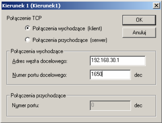Rys. 4-4 Parametry połączenia TCP W danym łączu połączenia mogą być inicjowane (strona aktywna połączenia TCP- klient) opcja Połączenia wychodzące (klient) lub przyjmowane (strona bierna połączenia