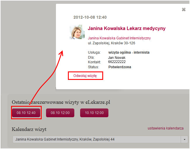 b) Odwoływanie wizyt przez lekarza Aby odwołać wizytę, proszę zaloguj się do Strefy Lekarza/Placówki, kliknij na termin wizyty, którą chcesz odwołać a następnie