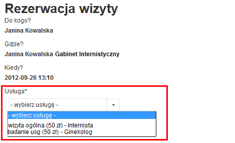 Specjalizację wybiera się poprzez rozwinięcie listy i wybranie nazwy specjalizacji dla której chcesz wprowadzić usługę.
