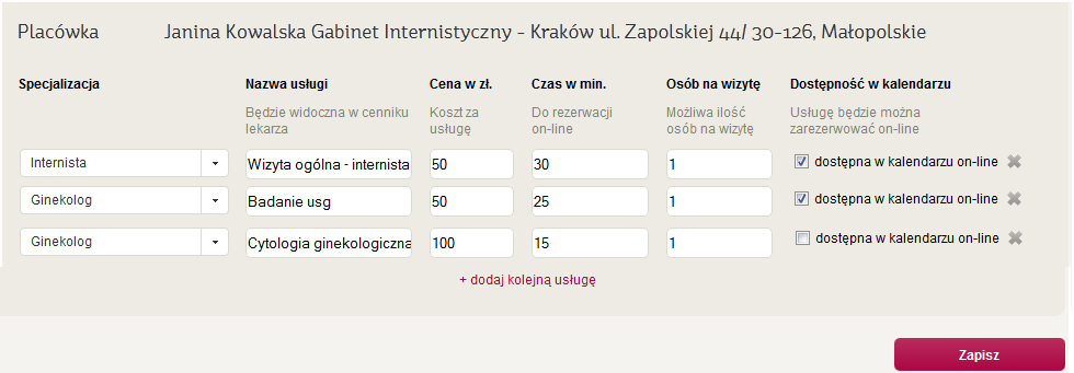 d) Kolumna dostępność w kalendarzu W tym miejscu zaznaczasz, która z wprowadzonych usług ma być dostępna w kalendarzu on-line i na którą z nich pacjenci mogą rezerwować wizyty.