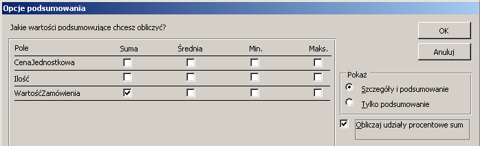 pola liczbowego wybieramy funkcję agregującą, a za pomocą dodatkowych opcji decydujemy, czy wartości liczbowe będą wyświetlane w każdym wierszu i dodatkowo w podsumowaniu, czy tylko w podsumowaniu,