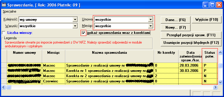 wyświetlone pozycje w kolumnie Status potw. powinny mieć wartość P (sprawozdanie zamknięte potwierdzone) lub N (sprawozdanie otwarte).