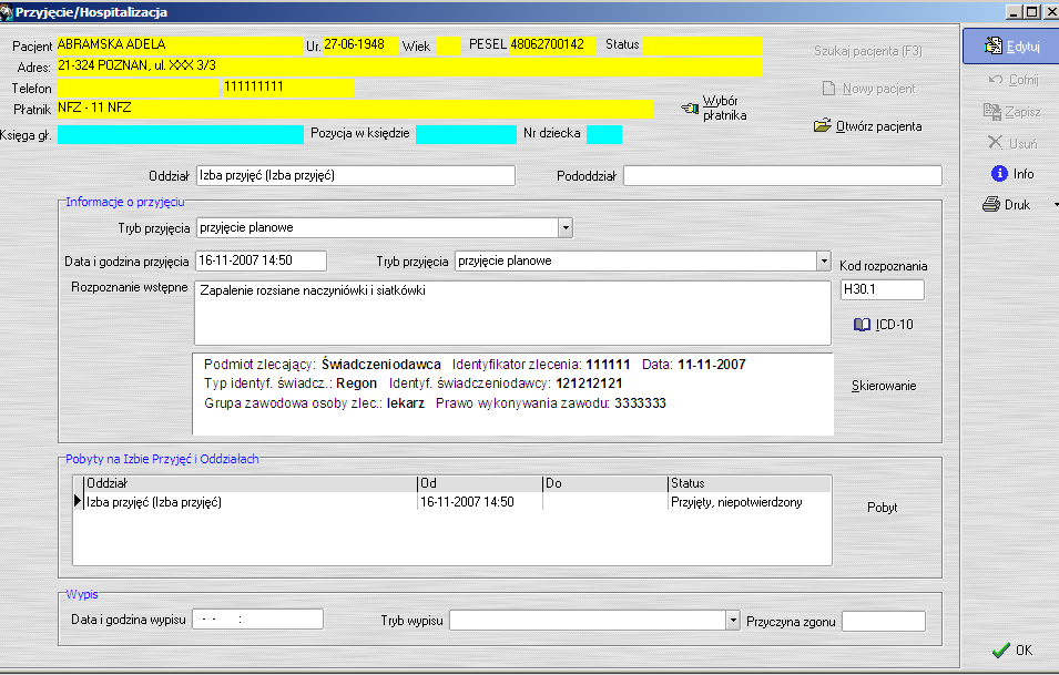 Naciskając [ok] zatwierdzamy rozpoznanie. W związku z tym, że jest to hospitalizacja planowana, trzeba uzupełnić dane dotyczące skierowania.