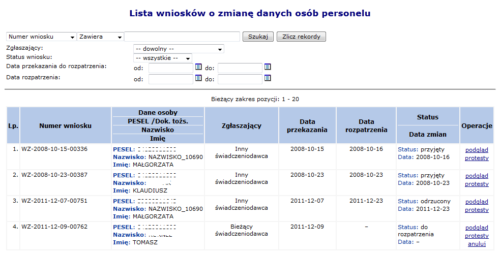 3. Po wybraniu opcji dla wszystkich osób z listy zostaną przypisane zawody / specjalności odpowiadające nowemu słownikowi (wyświetlone w ostatniej kolumnie). 4.