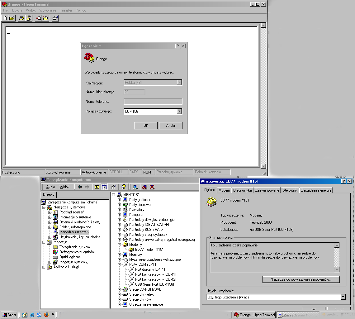 Przygotowanie połączenia HyperTerminal Następnie z listy "Połącz używając:" wybieramy port, przez który realizowane będzie połączenie.