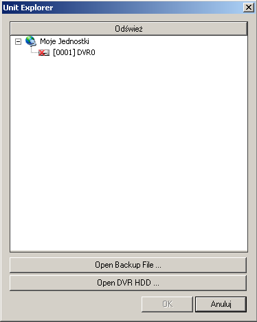 Wybierz źródło: a) Rejestrator z okna drzewa dodanych rejestratorów/urządzeń b) Open Backup File - odtwórz plik z podłączonej do komputera pamięci masowej: Flash USB, dysk twardy komputera c) Open