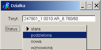 zostanie wyświetlone okno dialogowe z informacjami o działce zmienić status działki na podzielona nacisnąć OK MoŜna to równieŝ zrobić szybciej uŝywając funkcji Szkic-Narzędzia > Przekreśl działkę. 4.
