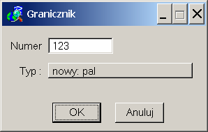 4.6.4.4 Nowy punkt graniczny wybierz z menu Narzędzia-Nowe > Punkt graniczny wskaŝ na mapie punkt wstawienia granicznika pojawi się okno dialogowe, w którym naleŝy wpisać numer punktu oraz jego typ