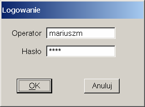 przy pierwszej próbie połączenia z bazą danych pojawi się okienko logowania do bazy naleŝy wpisać poprawną nazwę operatora oraz jego hasło po pomyślnym zalogowaniu do bazy rozpocznie się zapis do