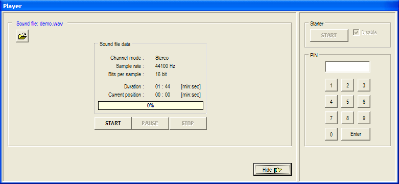 1. przycisk Load sound file - ładuje plik WAV do odtwarzacza 2.