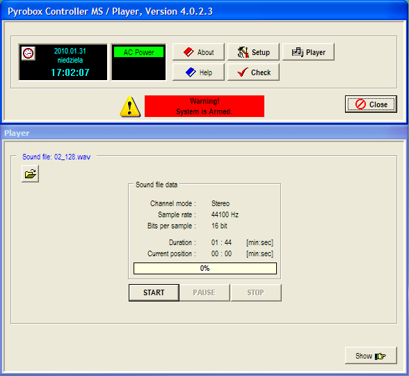 - program Pyrobox Controller MS / Player w wersji 4.0.