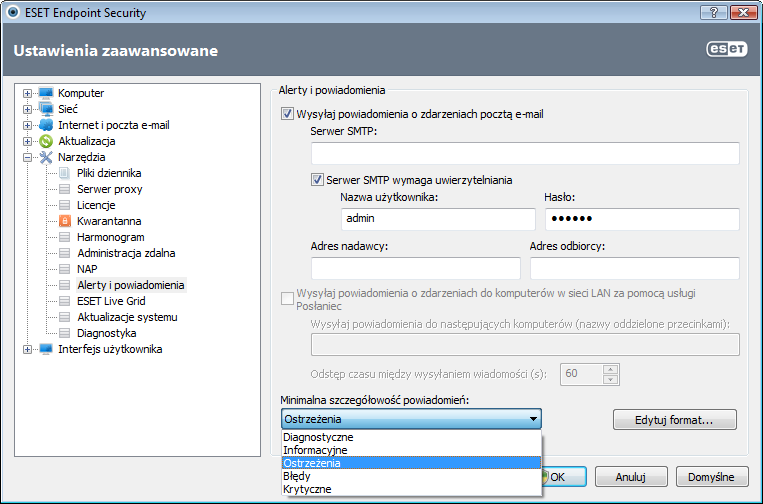 4.6.11 Alerty i powiadomienia Program ESET Endpoint Security obsługuje wysyłanie wiadomości e-mail po wystąpieniu zdarzenia o wybranym poziomie szczegółowości.