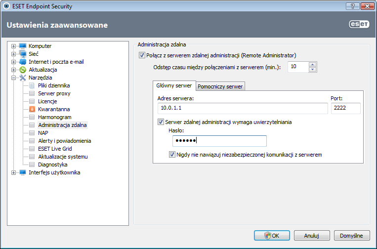 Włącz tryb administracji zdalnej, wybierając opcję Połącz z serwerem ESET Remote Administrator.