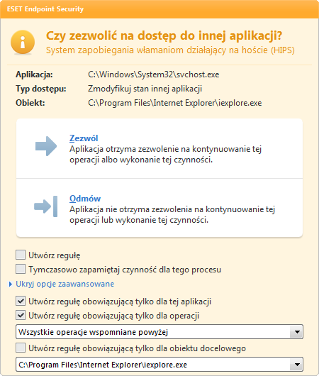 Okno dialogowe umożliwia tworzenie reguł w oparciu o dowolne nowe czynności wykrywane przez system HIPS, a następnie określanie warunków, na jakich dana czynność ma być dozwolona lub zabroniona.