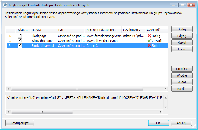 4.4.1 Reguły kontroli dostępu do stron internetowych W oknie Edytor reguł kontroli dostępu do stron internetowych są wyświetlane istniejące reguły dotyczące adresów URL i kategorii stron internetowych.