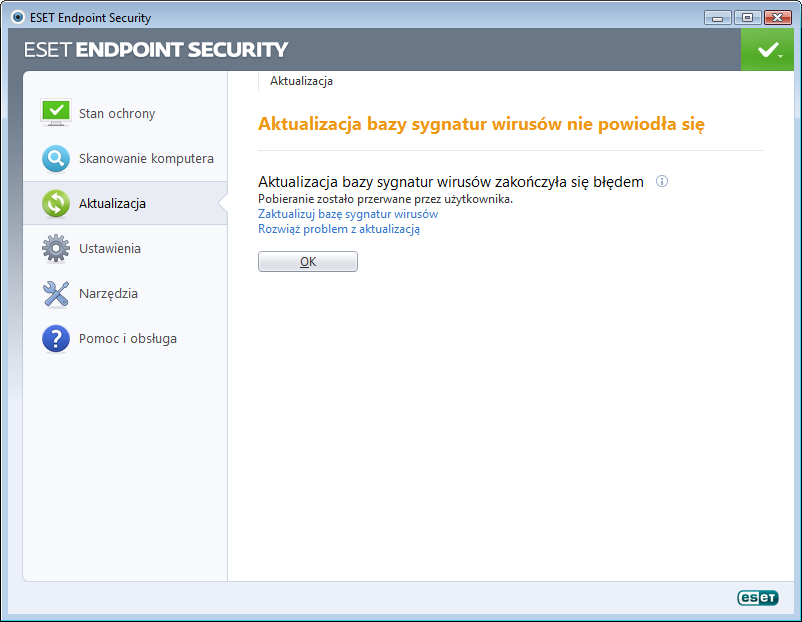 Poprzednie powiadomienie związane jest z następującymi dwiema wiadomościami Aktualizacj a bazy sygnatur wirusów nie powiodła się o niepowodzeniu aktualizacji: 1.